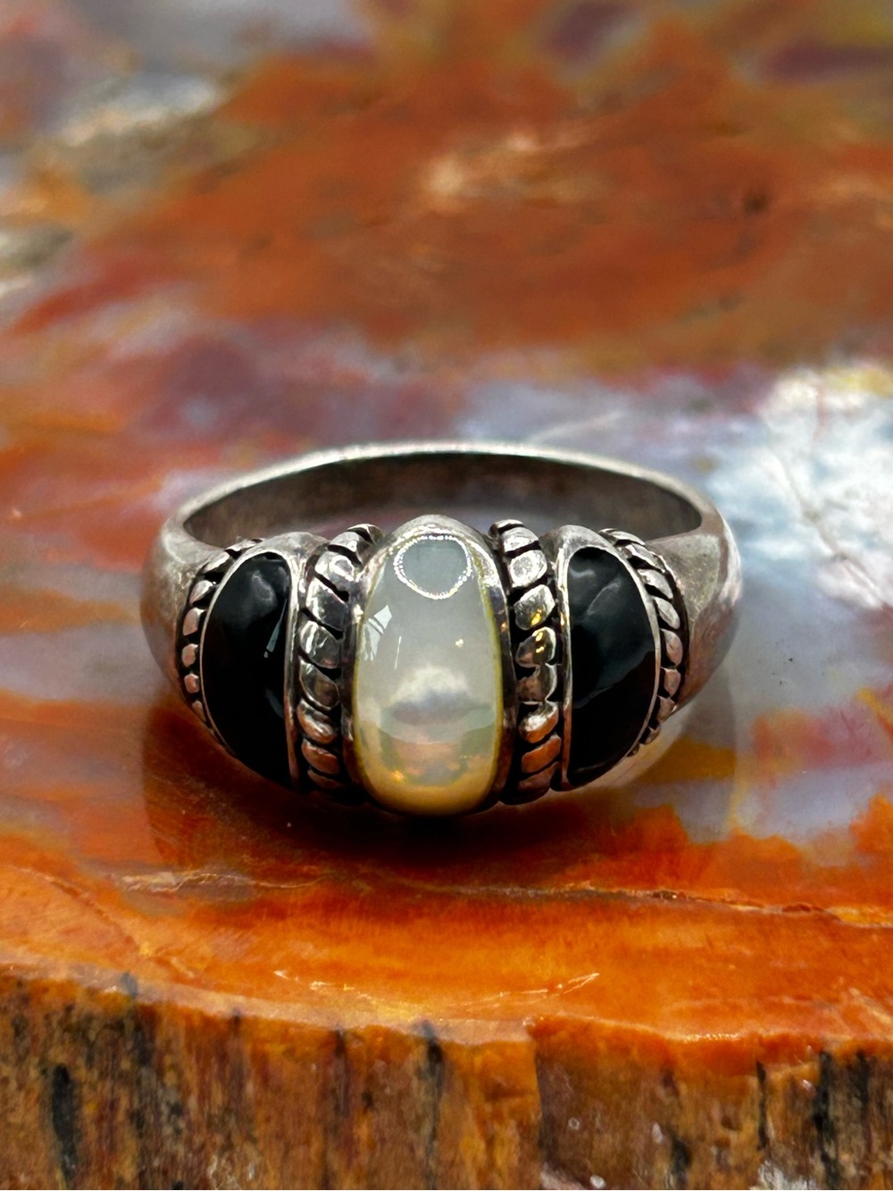 Vintage Onyx and Mother of Pearl Ring, Sterling Silver Ring - Size 11
